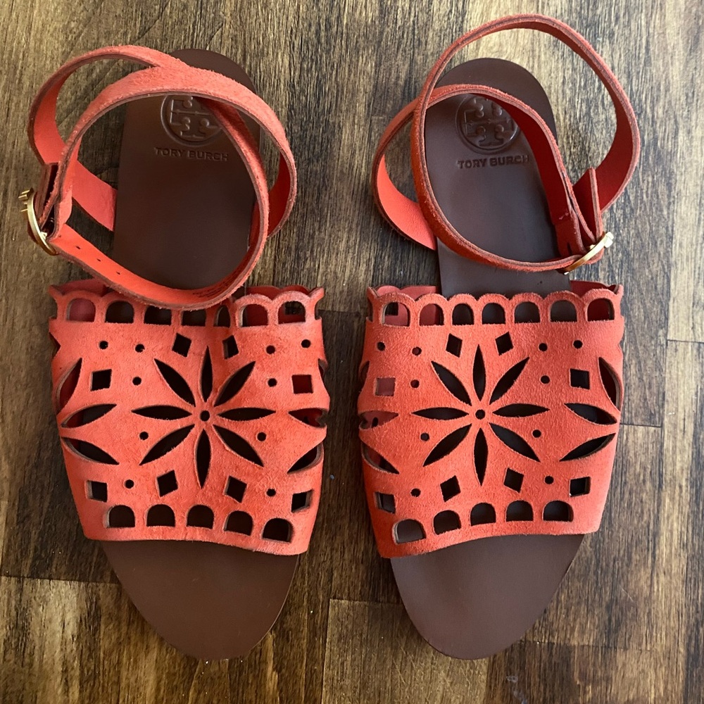 Tory Burch Women’s Sandals, size 5, San poppy orange color, suede material.
